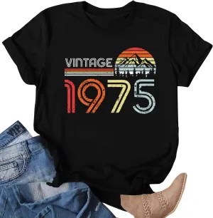 50th Birthday T-Shirts for Women: Vintage 1975 Graphic Shirt 50th Birthday Party Tees Tops