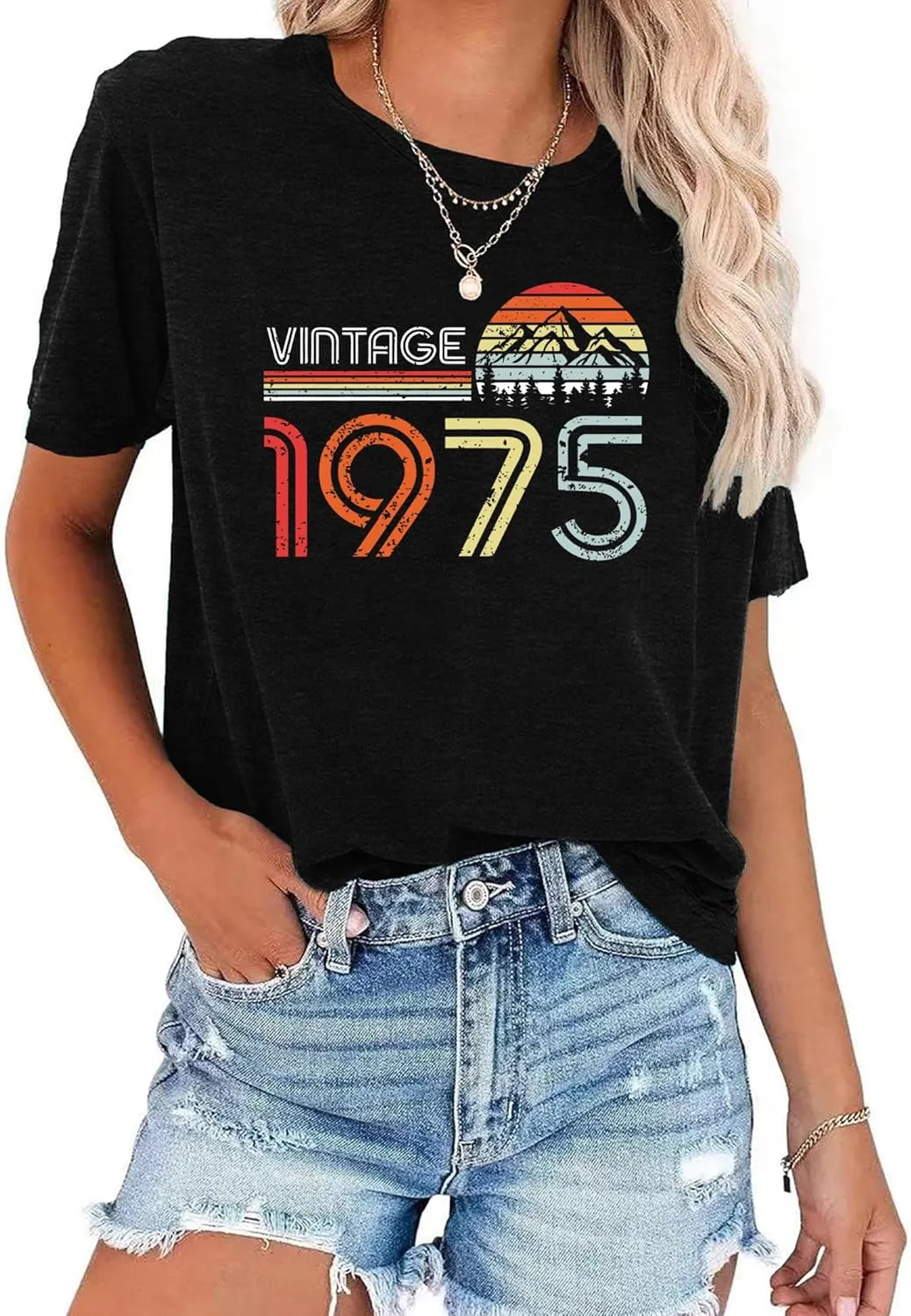 50th Birthday T-Shirts for Women: Vintage 1975 Graphic Shirt 50th Birthday Party Tees Tops