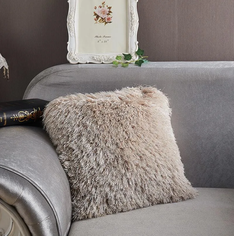 Beige Luxe Shaggy Throw Pillow