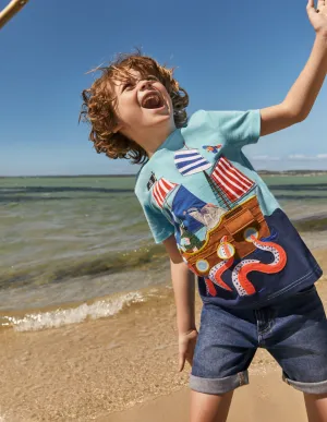 Lift-the-flap Beach T-shirt-Aqua Blue Pirate Ship