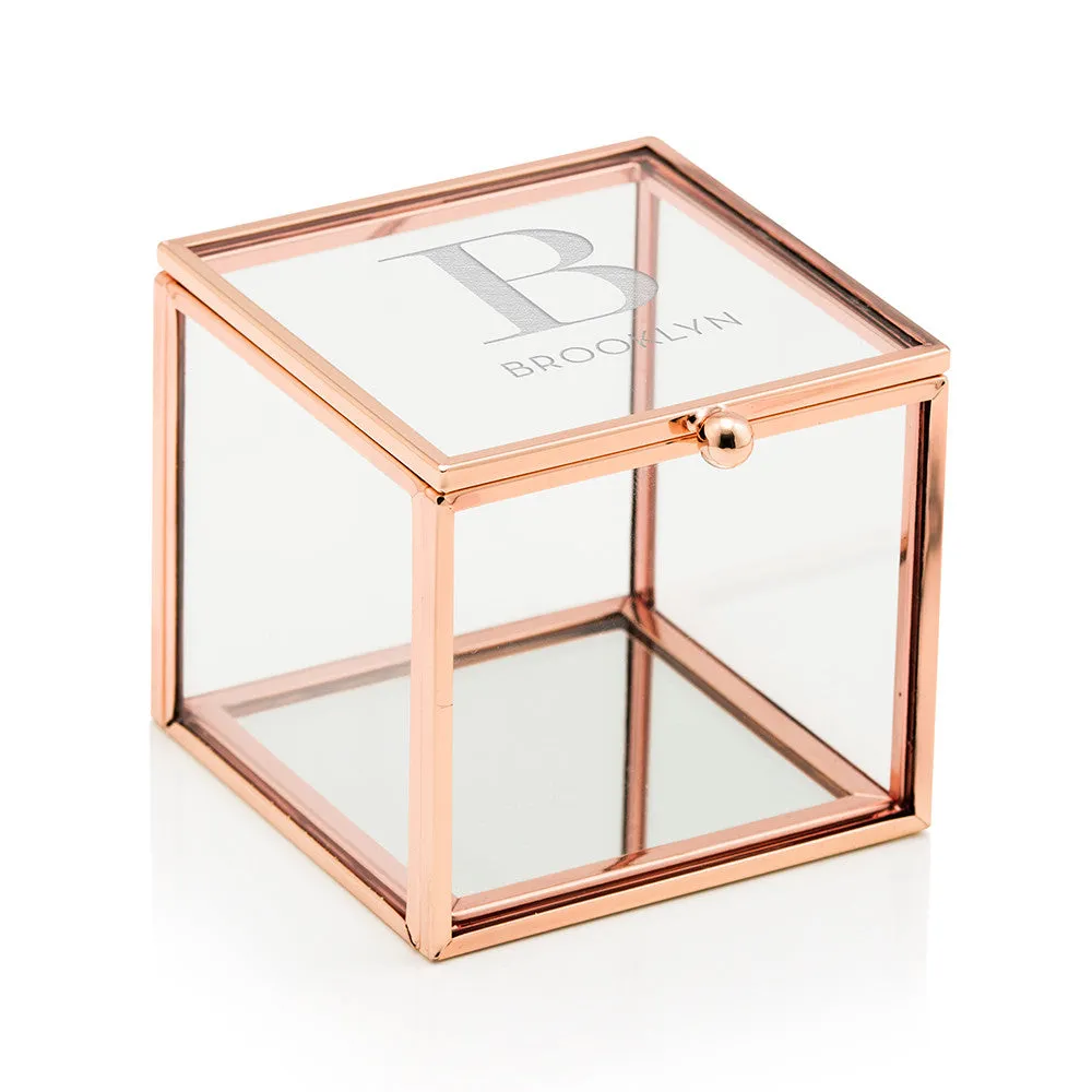 Modern Serif Initial Etching Personalized Rose Gold and Glass Jewelry Box