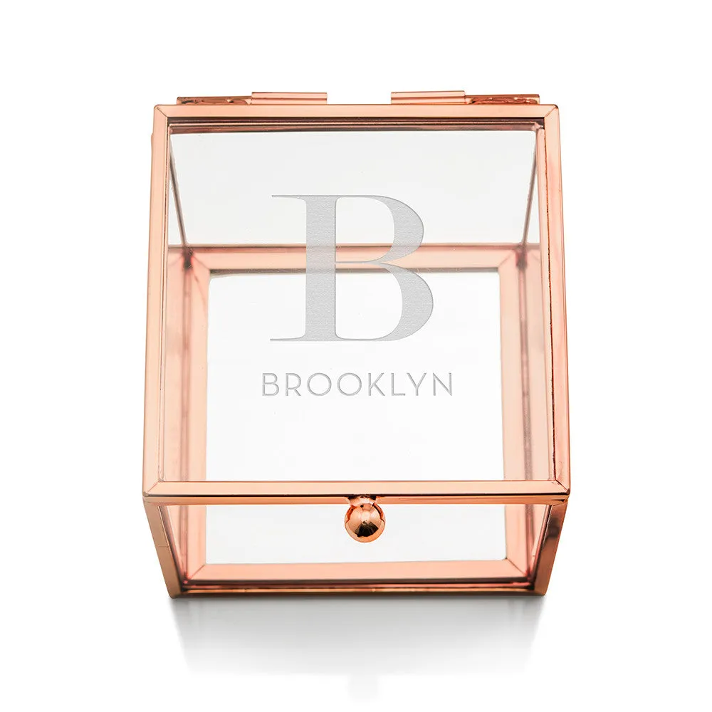 Modern Serif Initial Etching Personalized Rose Gold and Glass Jewelry Box