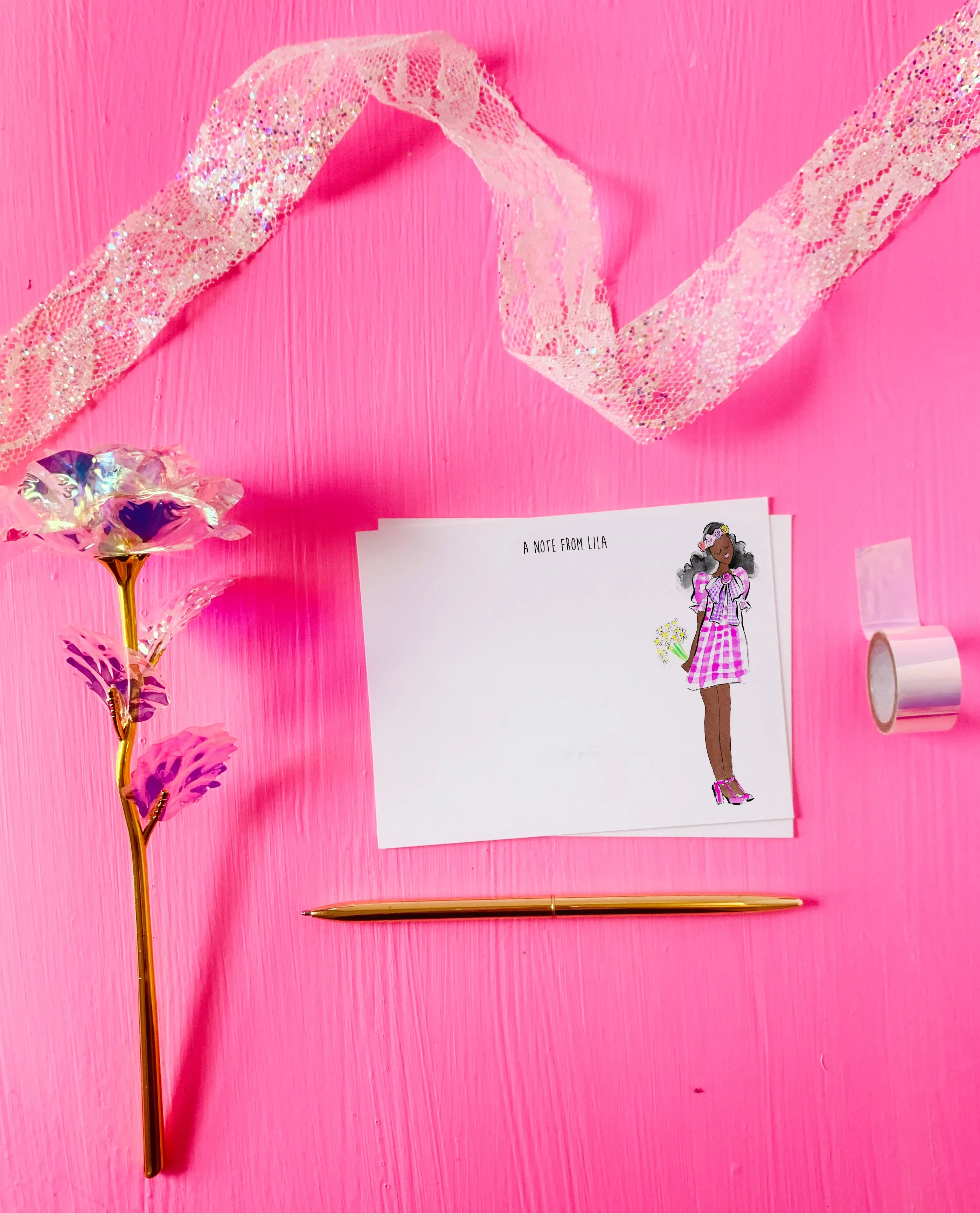 Pink Gingham Fashionista Personalized Stationery Set